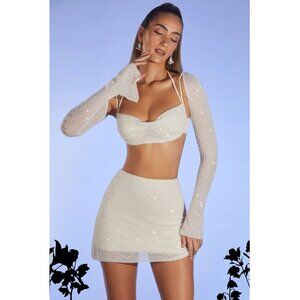 Oh Polly Lucerne Ivory Embellished Crop Top & Mini Skirt Set – US 4